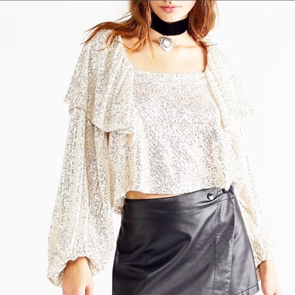Free People Silver Sequin long sleeves Flowy Back Tie square neck Shimmer Top XS - Picture 1 of 12